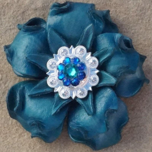 Turquoise Gardenia Flower With Bright Silver Teal and Capri 1" Concho - RODEO DRIVE