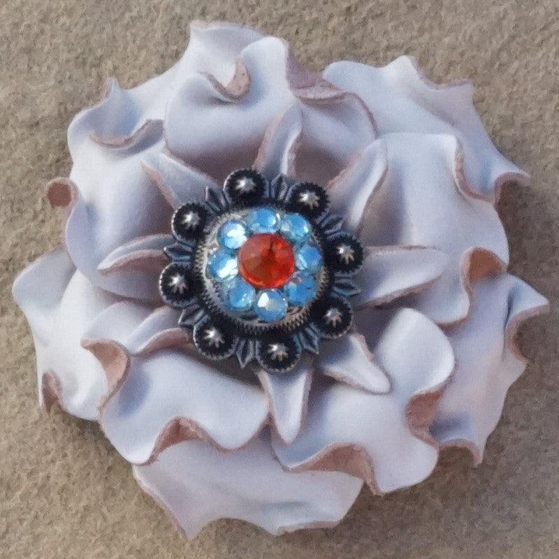 White Gardenia Flower With Antique Silver Fire Opal and Aqua 1" Concho - RODEO DRIVE