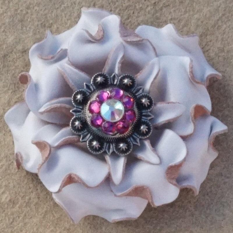 White Gardenia Flower With Antique Silver Fuchsia and AB 1" Concho - RODEO DRIVE