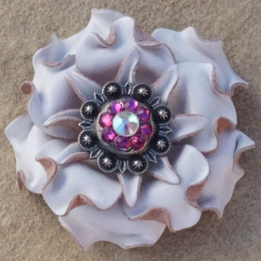 White Gardenia Flower With Antique Silver Fuchsia and AB 1" Concho - RODEO DRIVE