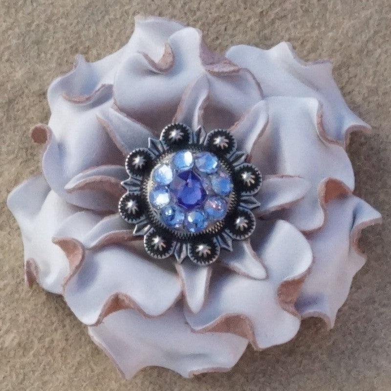 White Gardenia Flower With Antique Silver Lilac and Light Sapphire 1" Concho - RODEO DRIVE