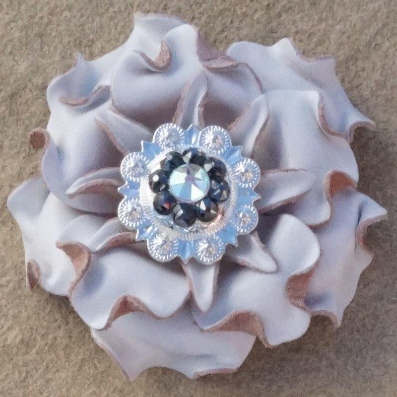 White Gardenia Flower With Bright Silver Jet and AB 1" Concho - RODEO DRIVE