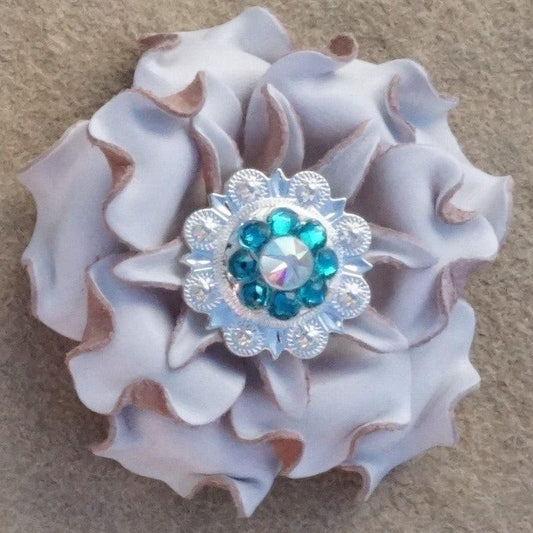 White Gardenia Flower With Bright Silver Teal and AB 1" Concho - RODEO DRIVE