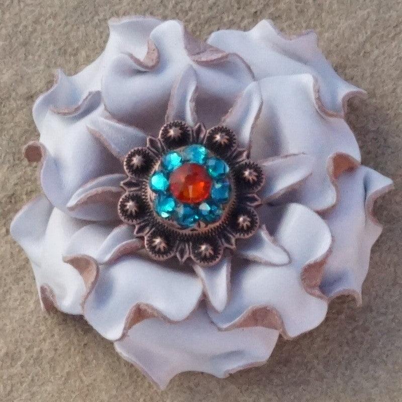 White Gardenia Flower With Copper Fire Opal and Teal 1" Concho - RODEO DRIVE