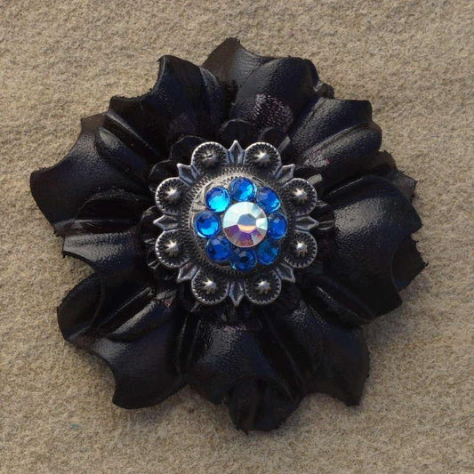 Black Carnation Flower With Antique Silver Capri and AB 1" Concho - RODEO DRIVE