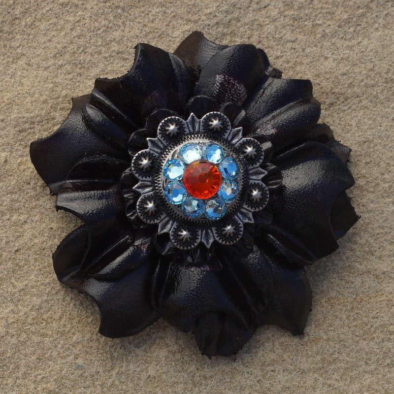 Black Carnation Flower With Antique Silver Fire Opal and Aqua 1" Concho - RODEO DRIVE