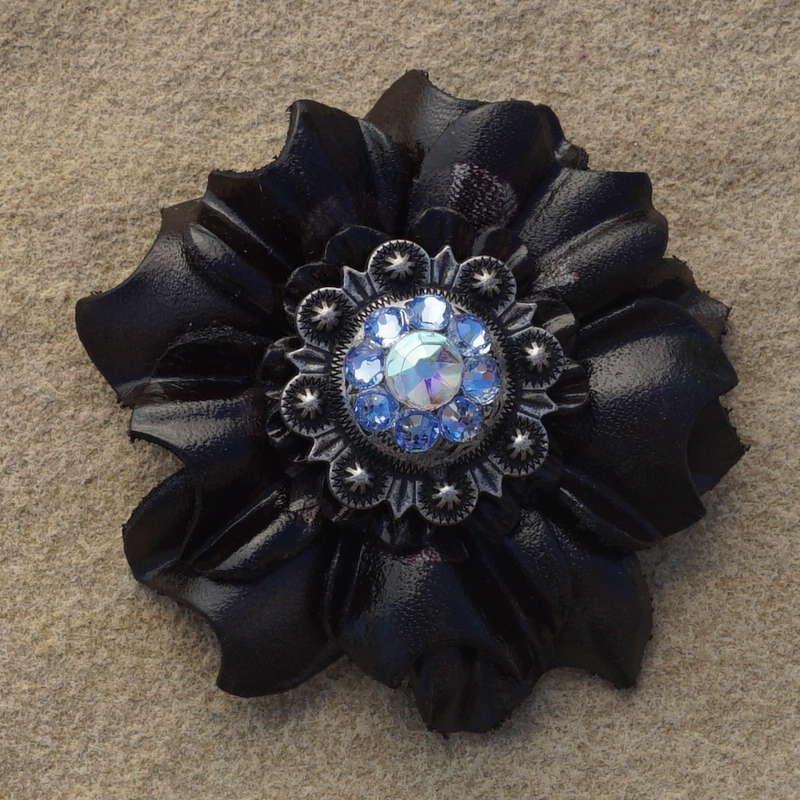 Black Carnation Flower With Antique Silver Light Sapphire and AB 1" Concho - RODEO DRIVE
