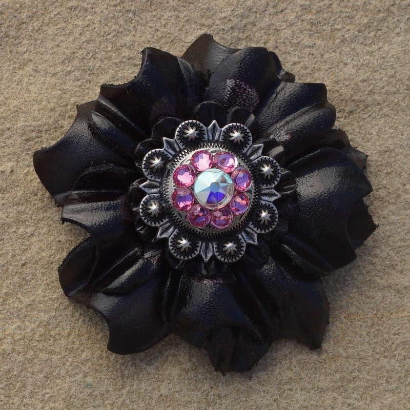 Black Carnation Flower With Antique Silver Pink and AB 1" Concho - RODEO DRIVE