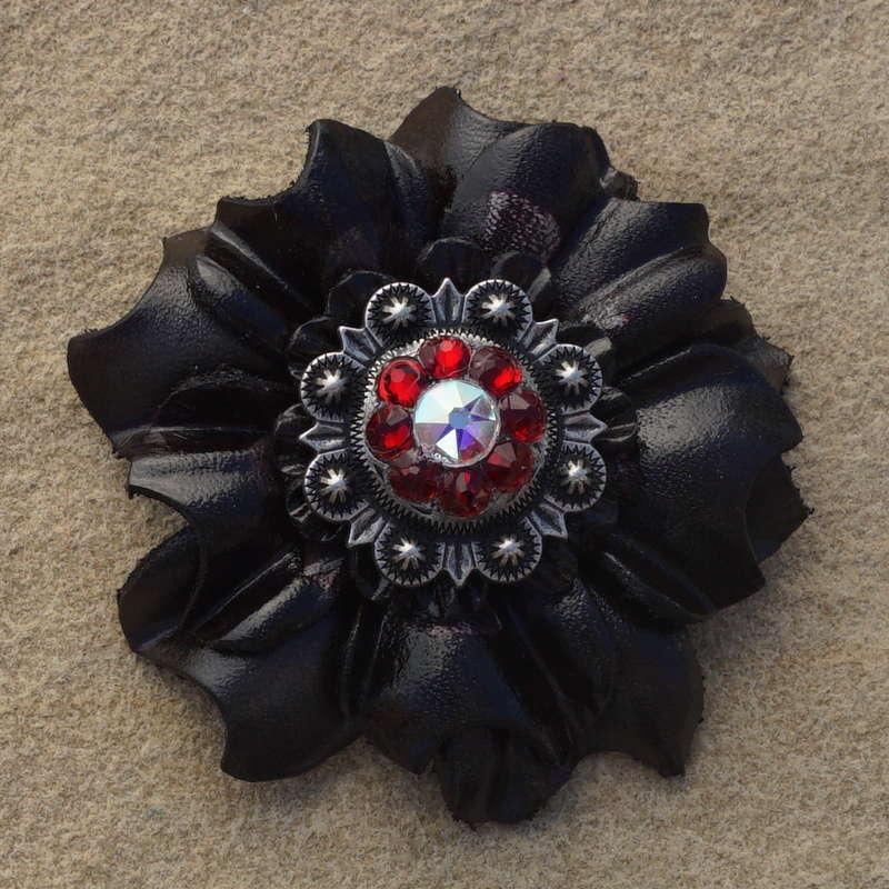 Black Carnation Flower With Antique Silver Ruby and AB 1" Concho - RODEO DRIVE