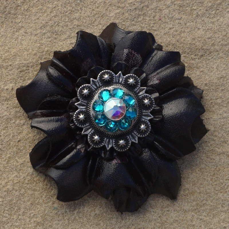 Black Carnation Flower With Antique Silver Teal and AB 1" Concho - RODEO DRIVE