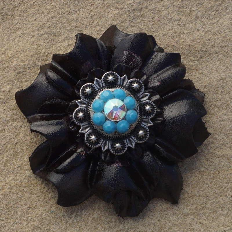 Black Carnation Flower With Antique Silver Turquoise and AB 1" Concho - RODEO DRIVE