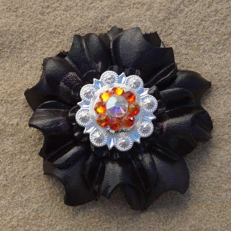 Black Carnation Flower With Bright Silver Fire Opal and AB 1" Concho - RODEO DRIVE