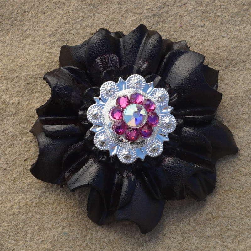 Black Carnation Flower With Bright Silver Fuchsia and AB 1" Concho - RODEO DRIVE
