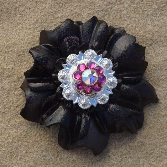 Black Carnation Flower With Bright Silver Fuchsia and AB 1" Concho - RODEO DRIVE