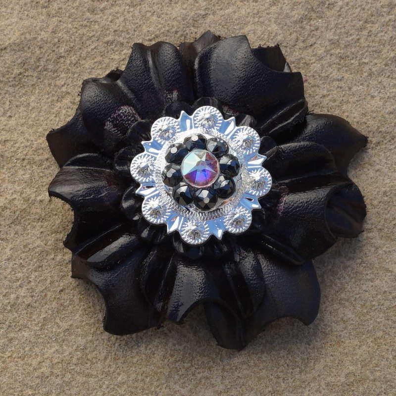 Black Carnation Flower With Bright Silver Jet and AB 1" Concho - RODEO DRIVE
