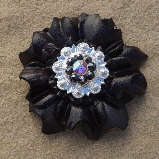 Black Carnation Flower With Bright Silver Jet and AB 1" Concho - RODEO DRIVE