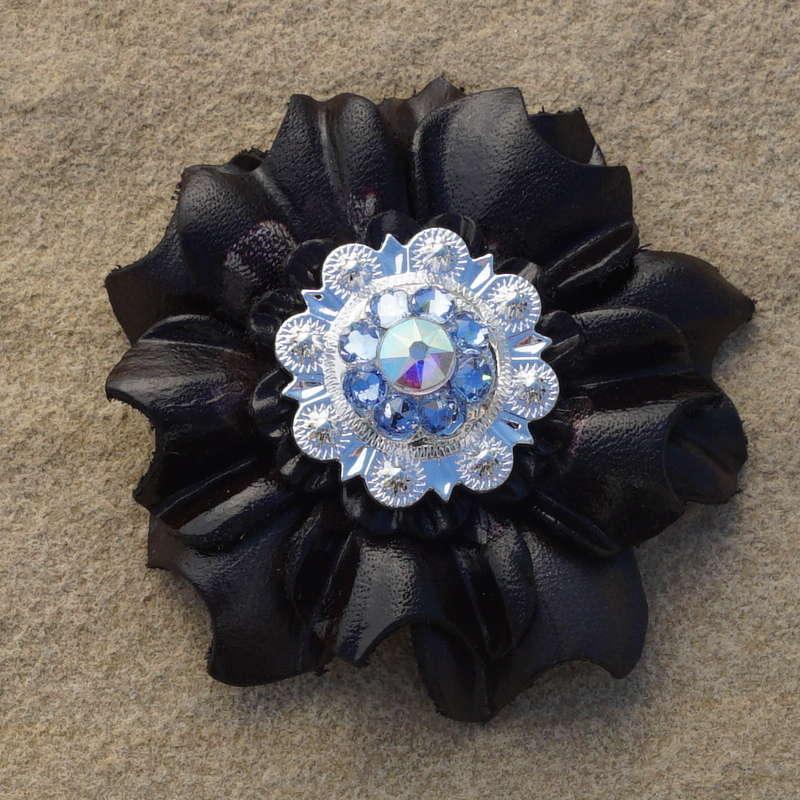 Black Carnation Flower With Bright Silver Light Sapphire and AB 1" Concho - RODEO DRIVE