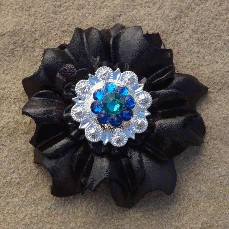 Black Carnation Flower With Bright Silver Teal and Capri 1" Concho - RODEO DRIVE