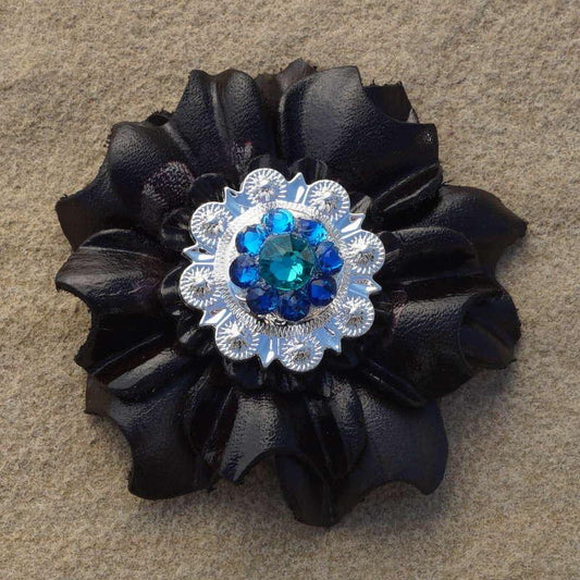 Black Carnation Flower With Bright Silver Teal and Capri 1" Concho - RODEO DRIVE