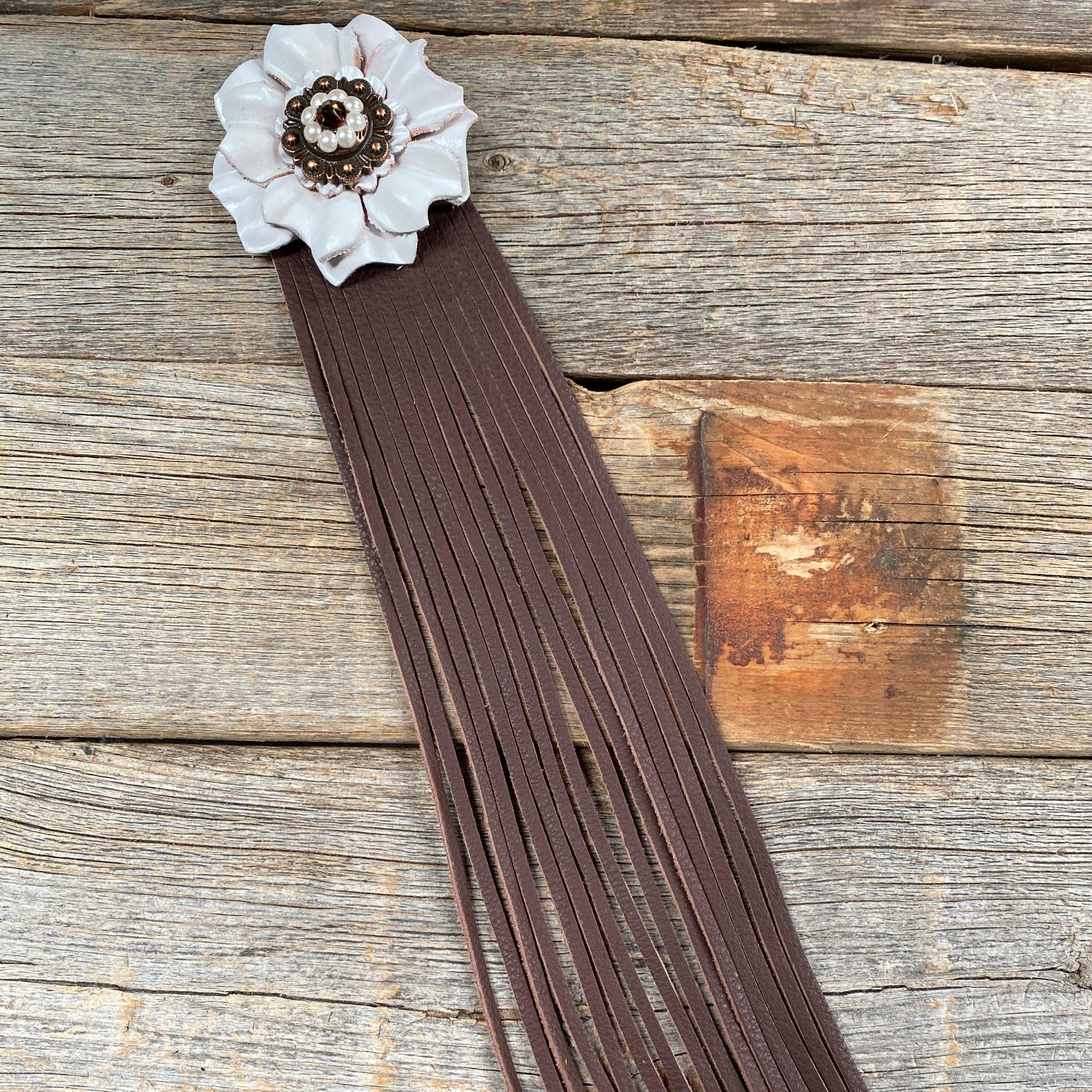 Leather White Carnation with Brown Fringe - RODEO DRIVE