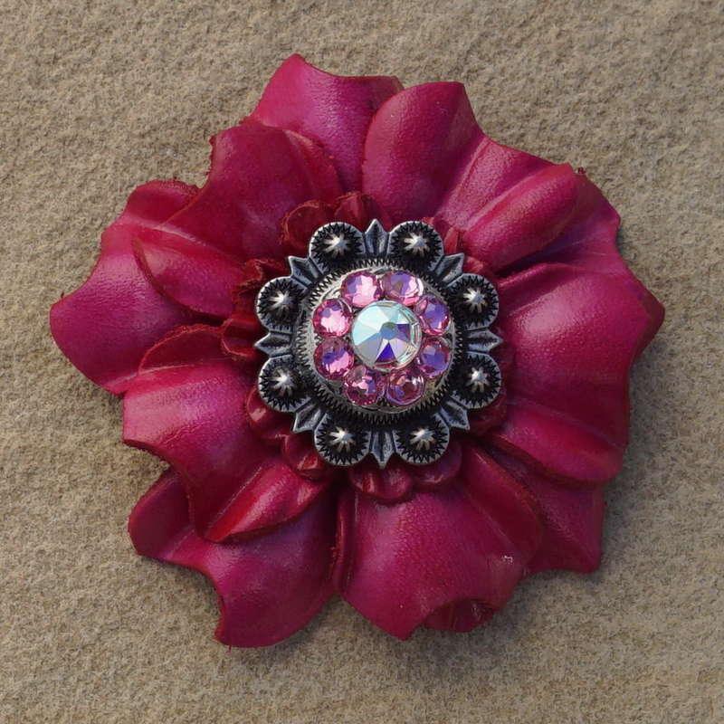 Hot Pink Carnation Flower With Antique Silver Pink and AB 1" Concho - RODEO DRIVE