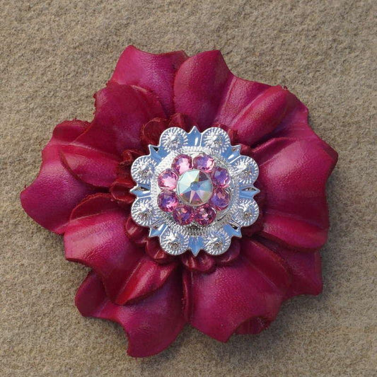 Hot Pink Carnation Flower With Bright Silver Pink and AB 1" Concho - RODEO DRIVE