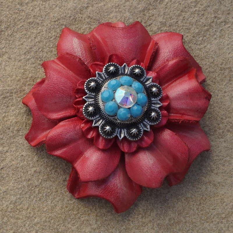 Pink Carnation Flower With Antique Silver Turquoise and AB 1" Concho - RODEO DRIVE