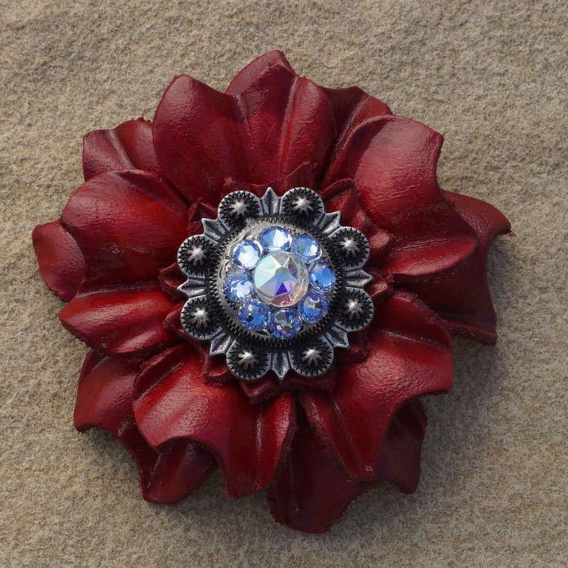 Red Carnation Flower With Antique Silver Light Sapphire and AB 1" Concho - RODEO DRIVE