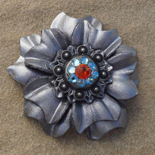 Silver Carnation Flower With Antique Silver Fire Opal and Aqua 1" Concho - RODEO DRIVE
