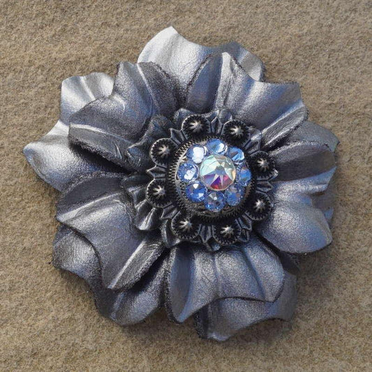 Silver Carnation Flower With Antique Silver Light Sapphire and AB 1" Concho - RODEO DRIVE