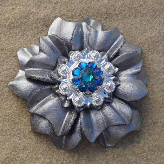 Silver Carnation Flower With Bright Silver Teal and Capri 1" Concho - RODEO DRIVE