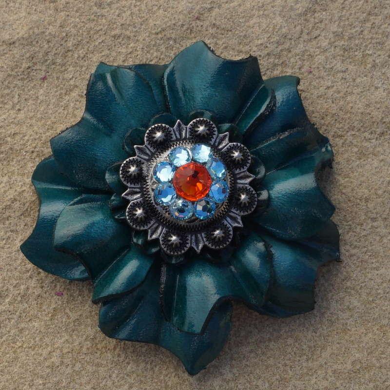 Teal Carnation Flower With Antique Silver Fire Opal and Aqua 1" Concho - RODEO DRIVE