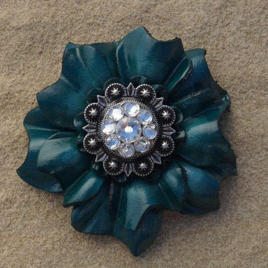 Teal Carnation Flower With Antique Silver Clear 1" Concho - RODEO DRIVE
