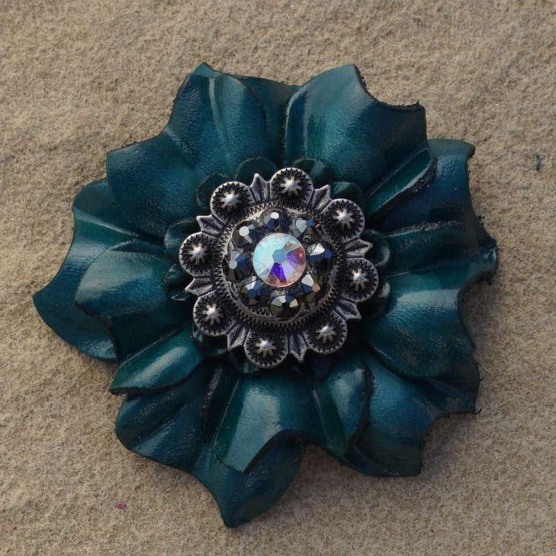 Teal Carnation Flower With Antique Silver Jet and AB 1" Concho - RODEO DRIVE