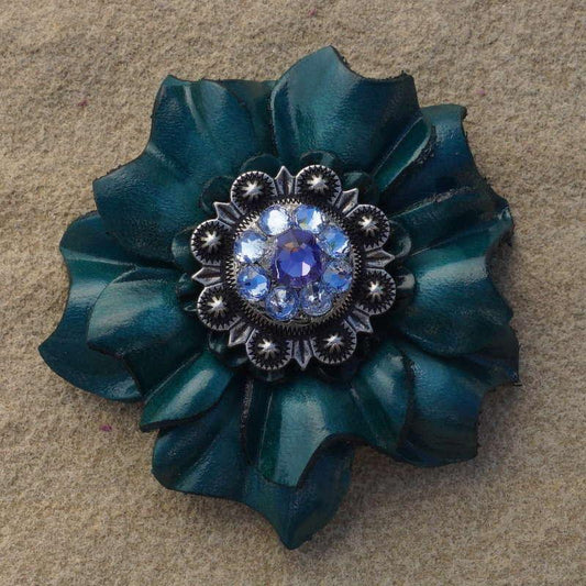 Teal Carnation Flower With Antique Silver Lilac and Light Sapphire 1" Concho - RODEO DRIVE