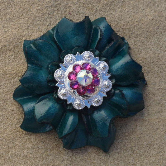 Teal Carnation Flower With Bright Silver Fuchsia and AB 1" Concho - RODEO DRIVE