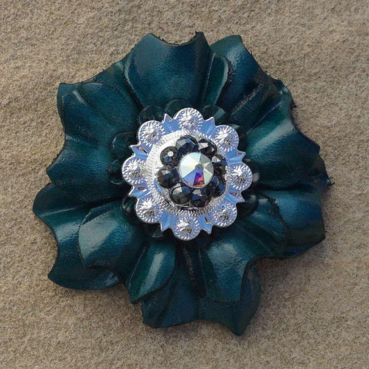 Teal Carnation Flower With Bright Silver Jet and AB 1" Concho - RODEO DRIVE