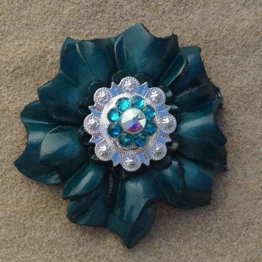 Teal Carnation Flower With Bright Silver Teal and AB 1" Concho - RODEO DRIVE