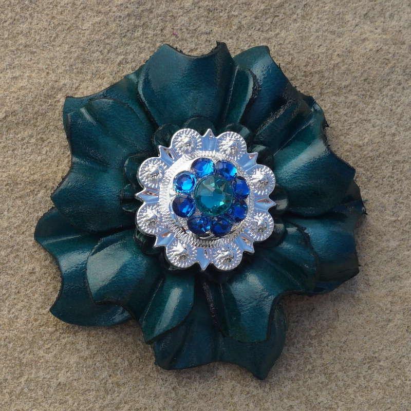 Teal Carnation Flower With Bright Silver Teal and Capri 1" Concho - RODEO DRIVE