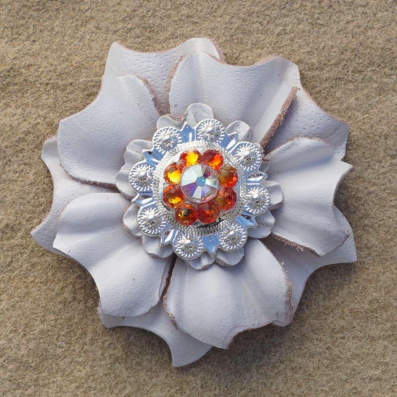 White Carnation Flower With Bright Silver Fire Opal and AB 1" Concho - RODEO DRIVE