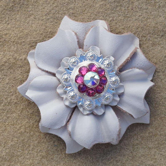 White Carnation Flower With Bright Silver Fuchsia and AB 1" Concho - RODEO DRIVE