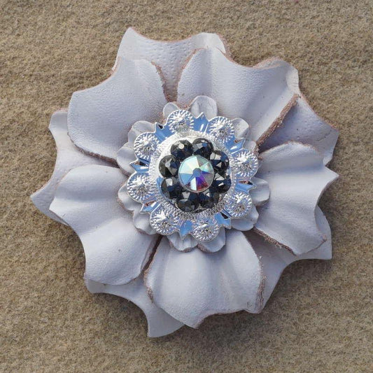 White Carnation Flower With Bright Silver Jet and AB 1" Concho - RODEO DRIVE