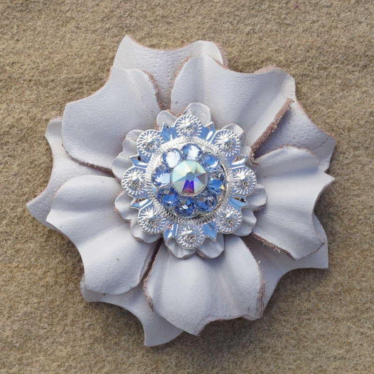 White Carnation Flower With Bright Silver Light Sapphire and AB 1" Concho - RODEO DRIVE