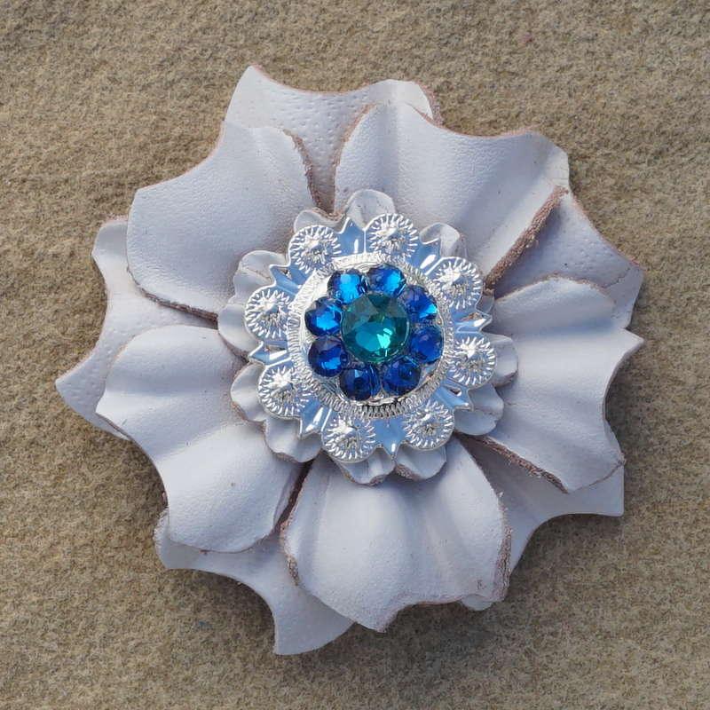 White Carnation Flower With Bright Silver Teal and Capri 1" Concho - RODEO DRIVE