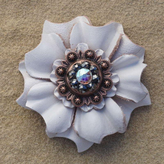 White Carnation Flower With Copper Jet and AB 1" Concho - RODEO DRIVE