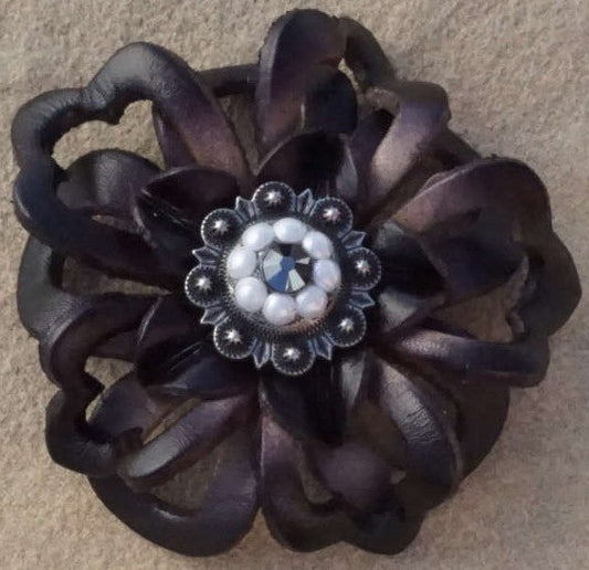 Black Lotus Flower With Antique Silver Jet and Pearl 1" Concho - RODEO DRIVE
