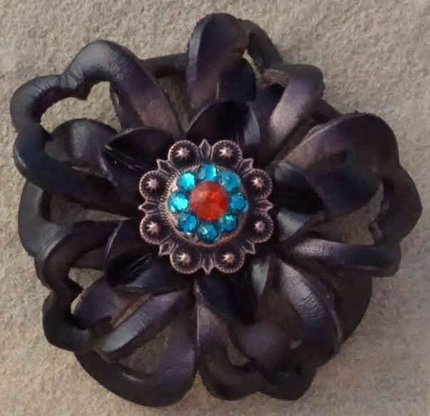 Black Lotus Flower With Copper Fire Opal and Teal 1" Concho - RODEO DRIVE