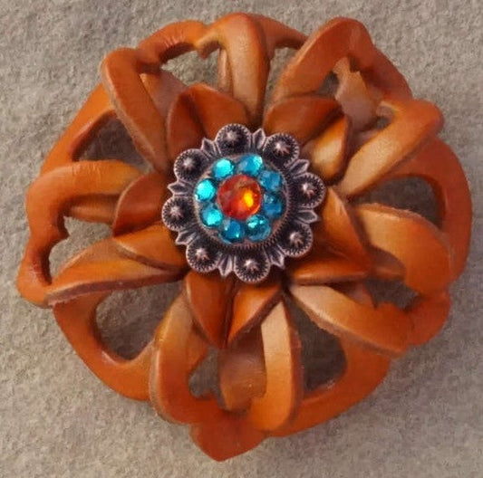 Orange Lotus Flower With Copper Fire Opal & Teal 1" Concho - RODEO DRIVE