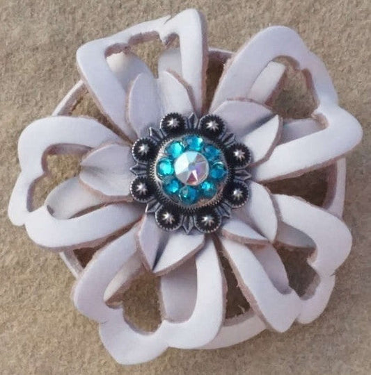 White Lotus Flower With Antique Silver Teal & AB 1" Concho - RODEO DRIVE