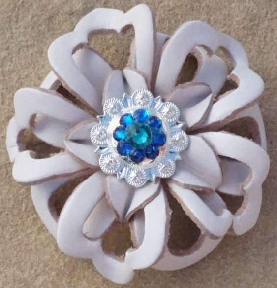 White Lotus Flower With Bright Silver Teal and Capri 1" Concho - RODEO DRIVE